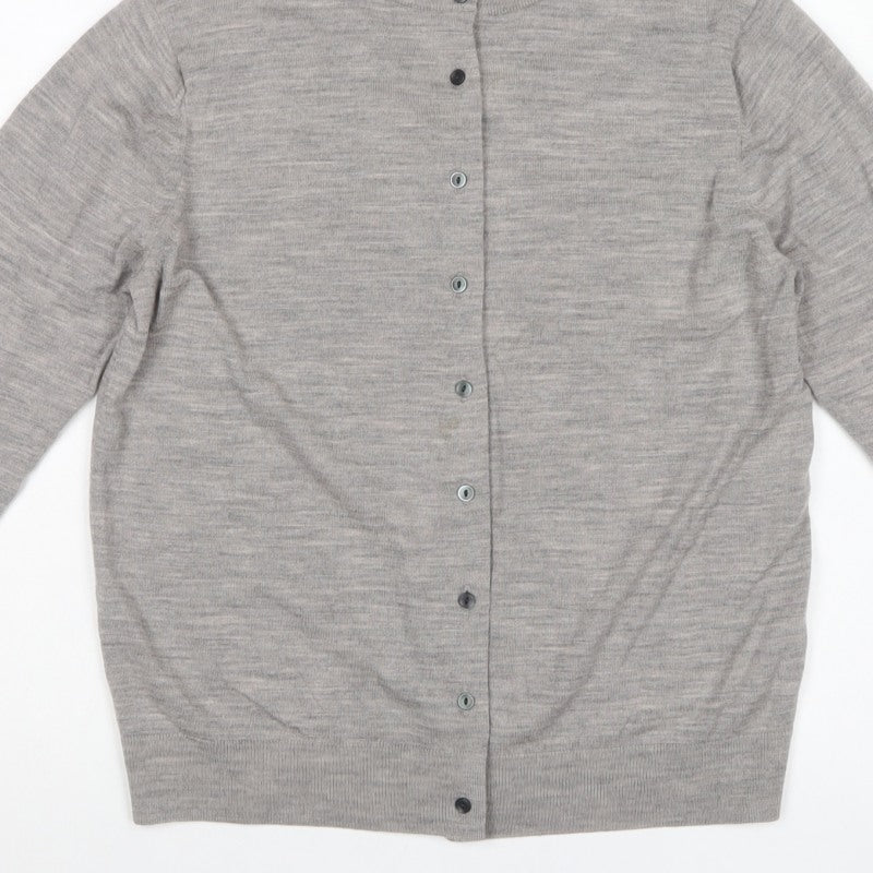 Uniqlo Women Grey L 100% Wool Round Neck Button Cardigan