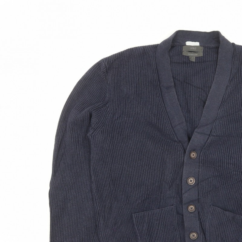 Marks & Spencer Men Blue L Rib Knit Cotton Blend Button Cardigan
