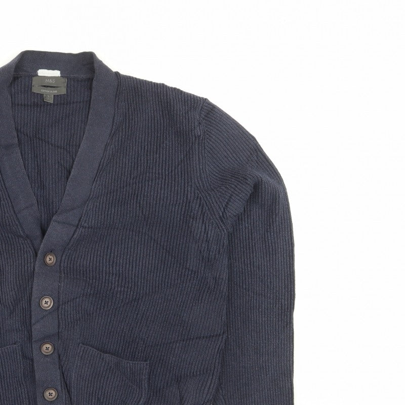 Marks & Spencer Men Blue L Rib Knit Cotton Blend Button Cardigan