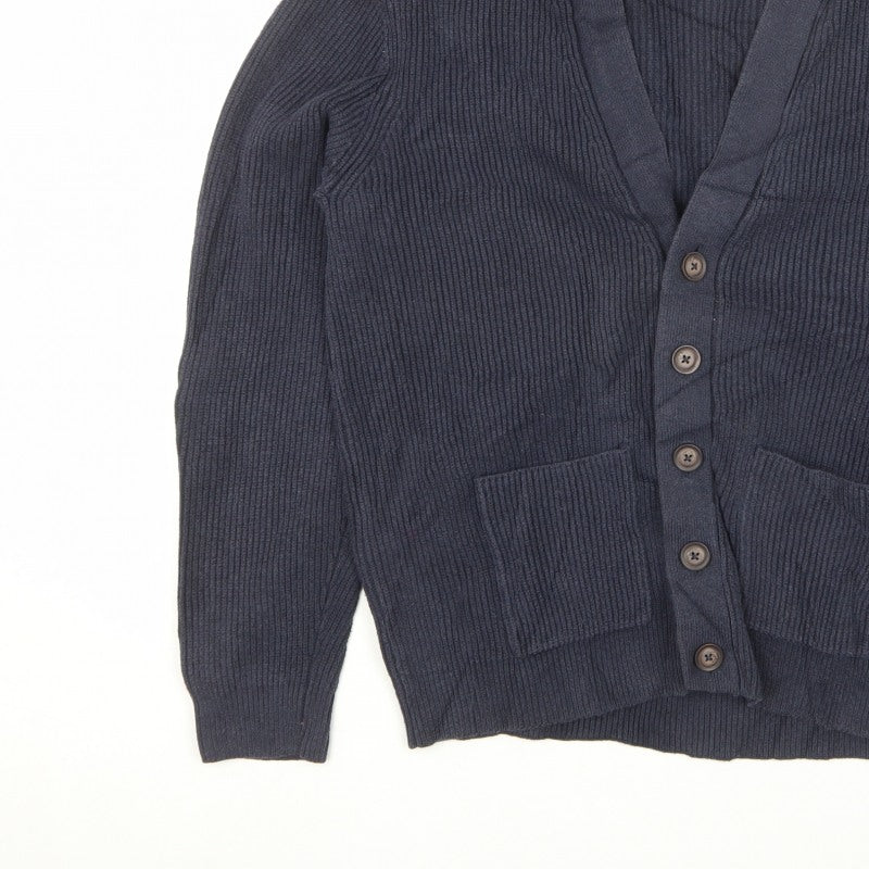 Marks & Spencer Men Blue L Rib Knit Cotton Blend Button Cardigan