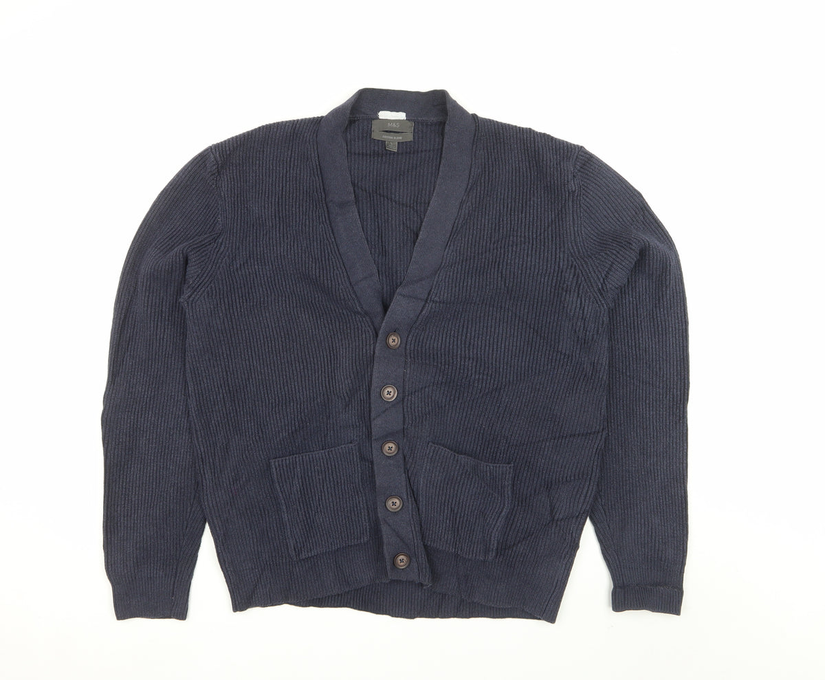 Marks & Spencer Men Blue L Rib Knit Cotton Blend Button Cardigan