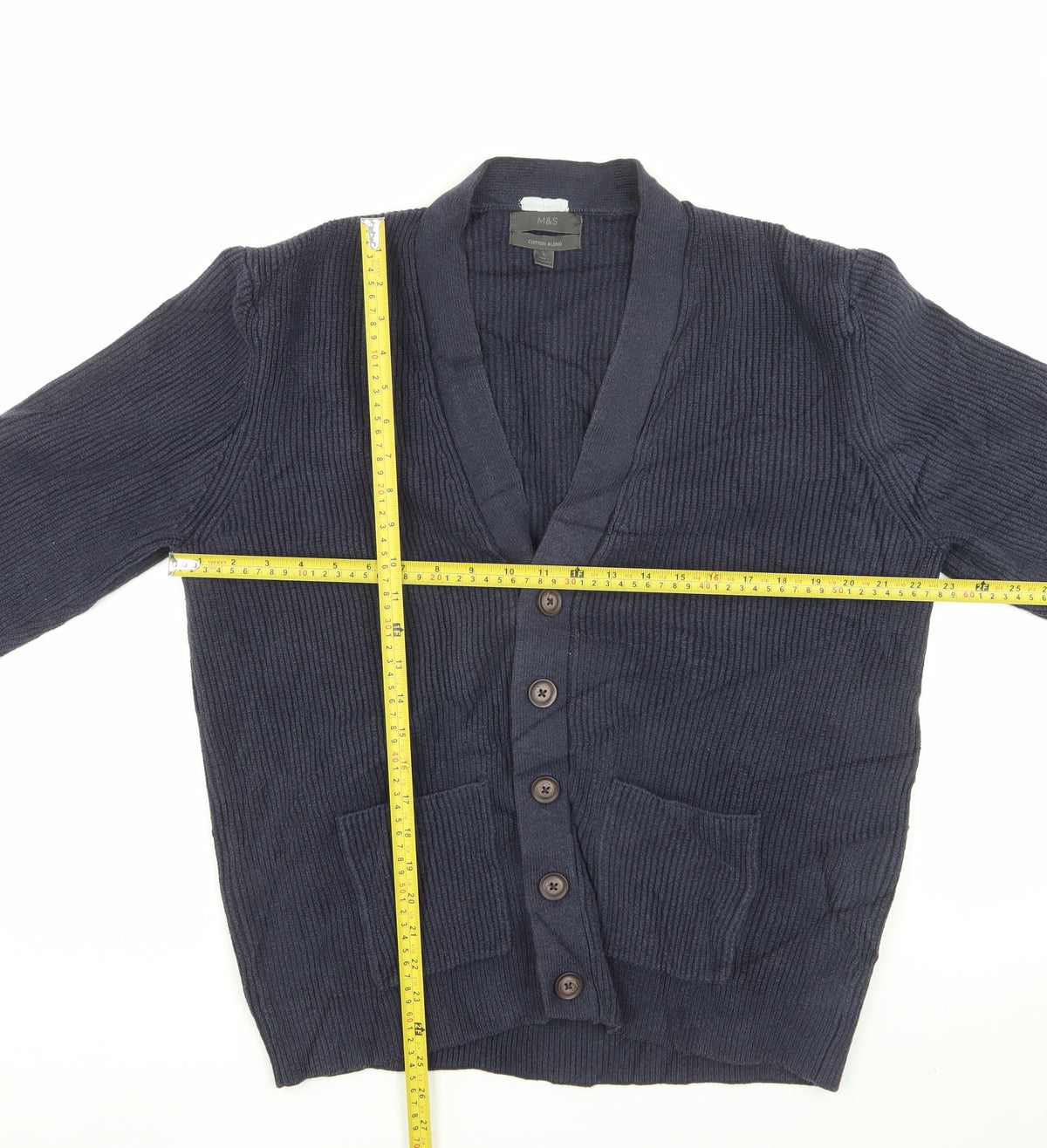 Marks & Spencer Men Blue L Rib Knit Cotton Blend Button Cardigan