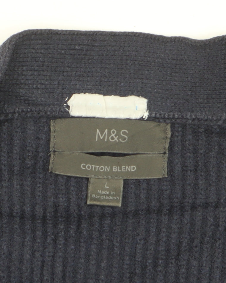 Marks & Spencer Men Blue L Rib Knit Cotton Blend Button Cardigan