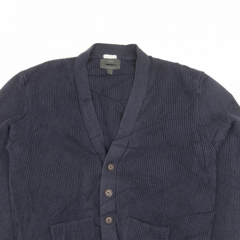Marks & Spencer Men Blue L Rib Knit Cotton Blend Button Cardigan