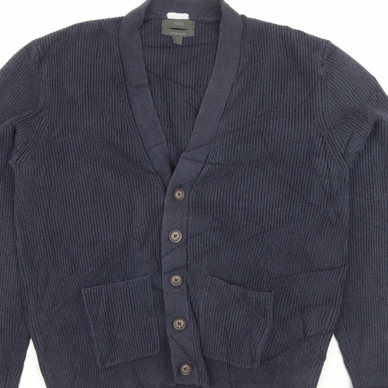 Marks & Spencer Men Blue L Rib Knit Cotton Blend Button Cardigan