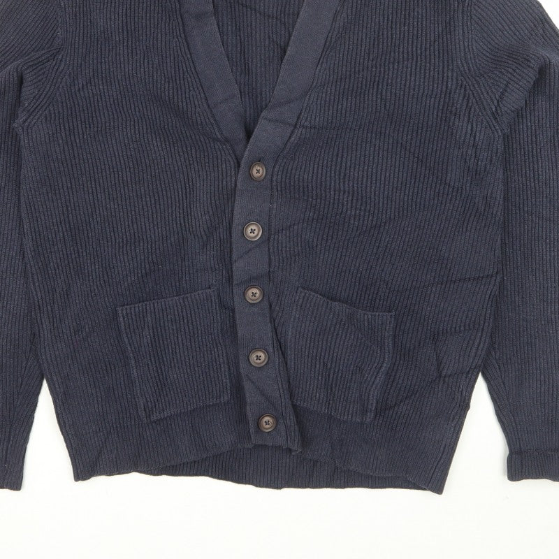 Marks & Spencer Men Blue L Rib Knit Cotton Blend Button Cardigan