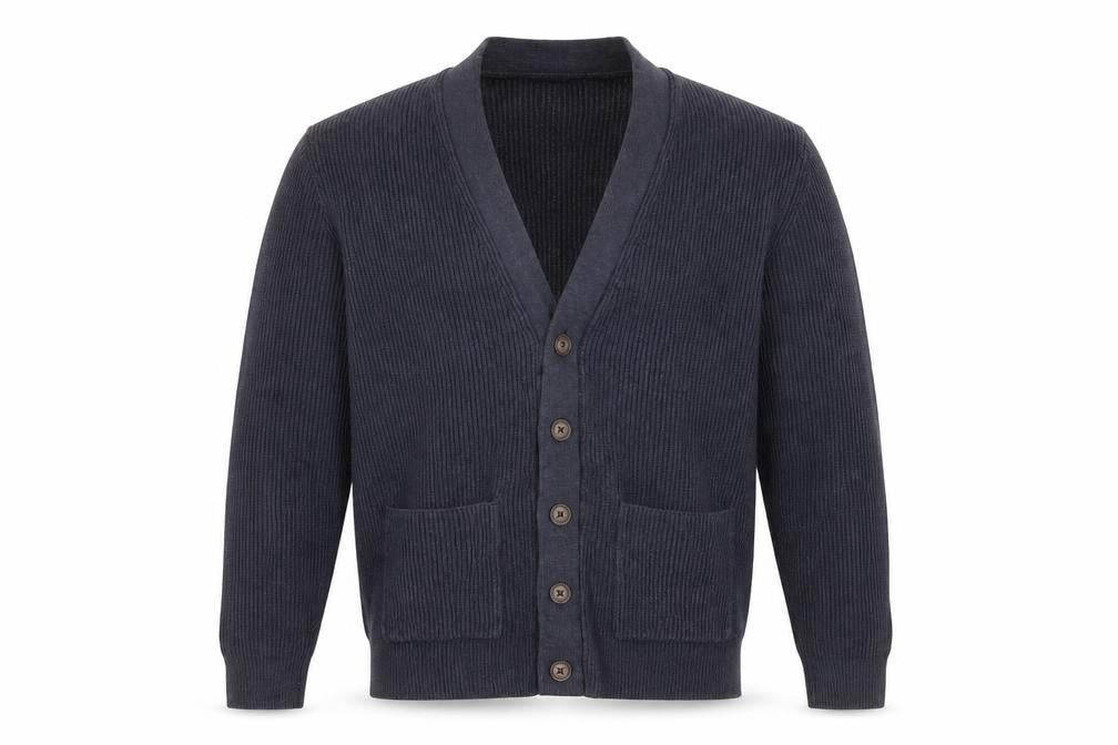 Marks & Spencer Men Blue L Rib Knit Cotton Blend Button Cardigan