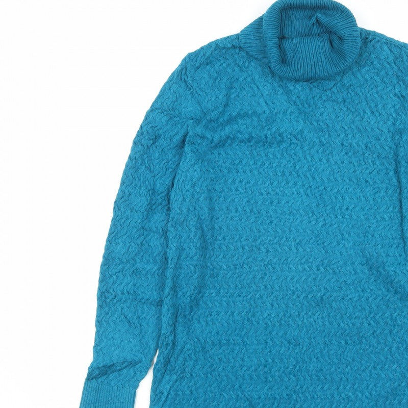 Lands' End Women Blue M Cable Knit Roll Neck Cotton Tunic Jumper