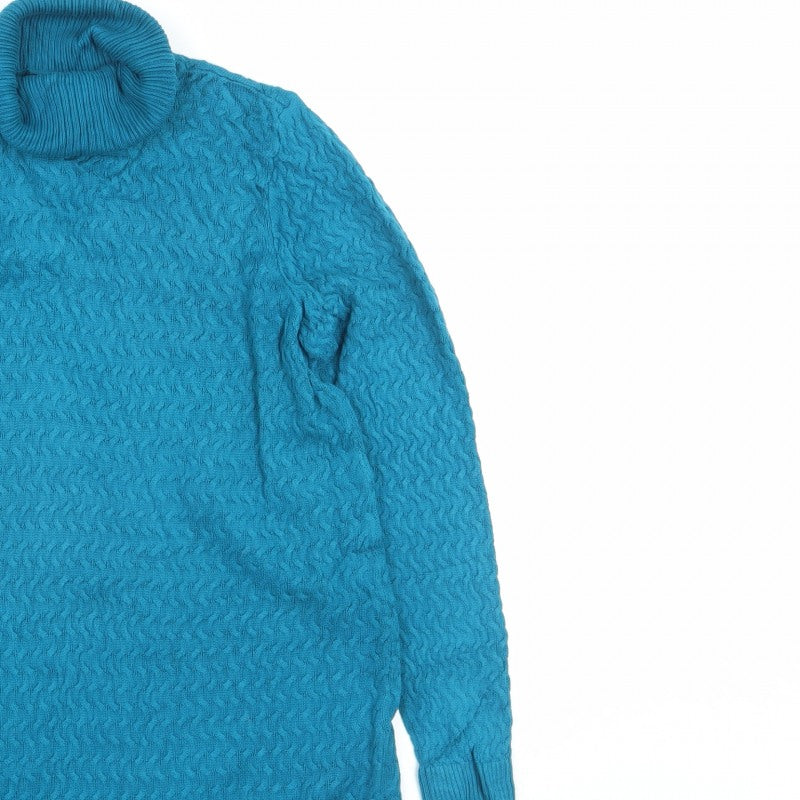 Lands' End Women Blue M Cable Knit Roll Neck Cotton Tunic Jumper