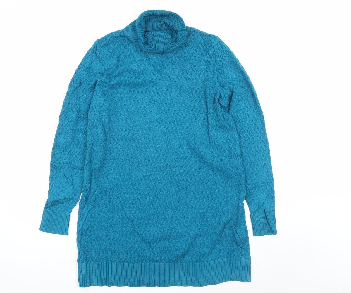 Lands' End Women Blue M Cable Knit Roll Neck Cotton Tunic Jumper