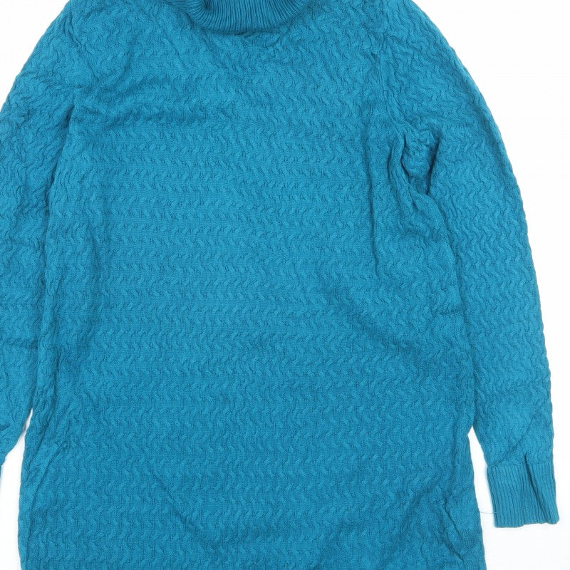 Lands' End Women Blue M Cable Knit Roll Neck Cotton Tunic Jumper