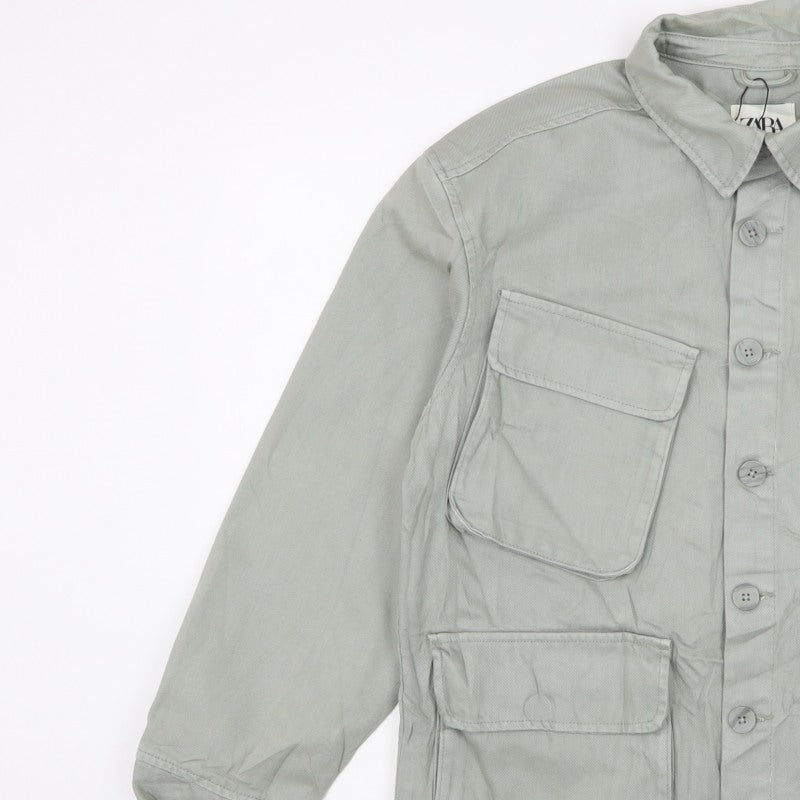 Zara Men Grey M Military Field Jacket Cotton 4 Pocket Button Casual