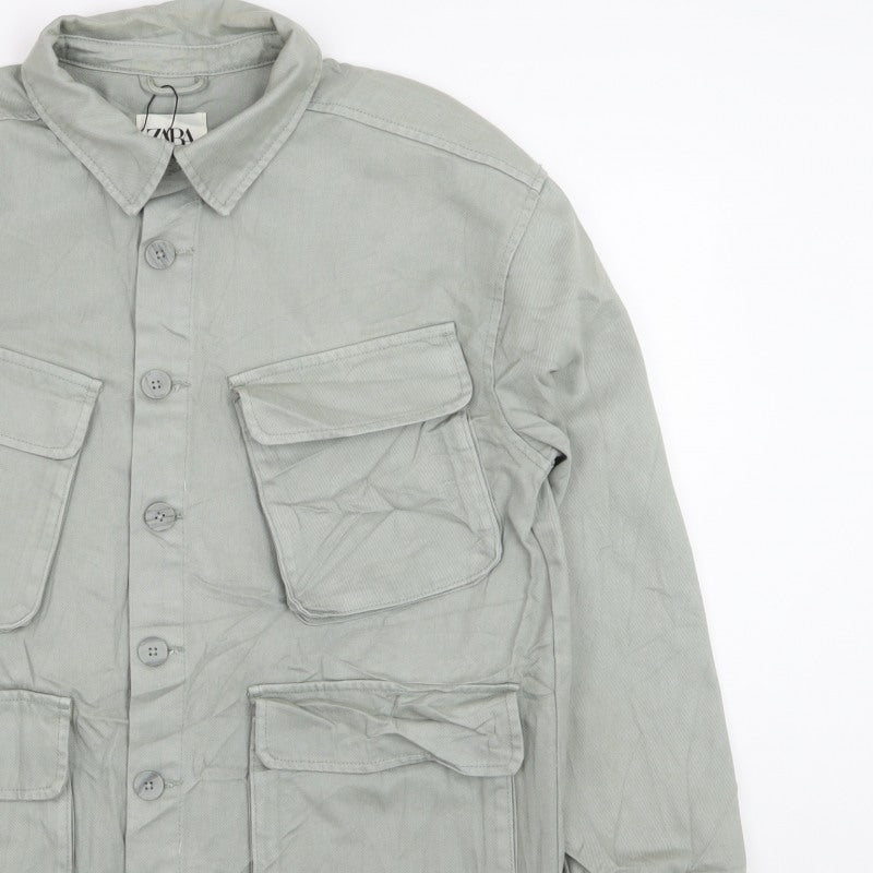 Zara Men Grey M Military Field Jacket Cotton 4 Pocket Button Casual