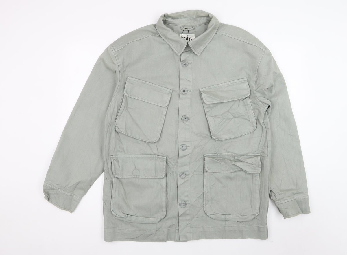 Zara Men Grey M Military Field Jacket Cotton 4 Pocket Button Casual