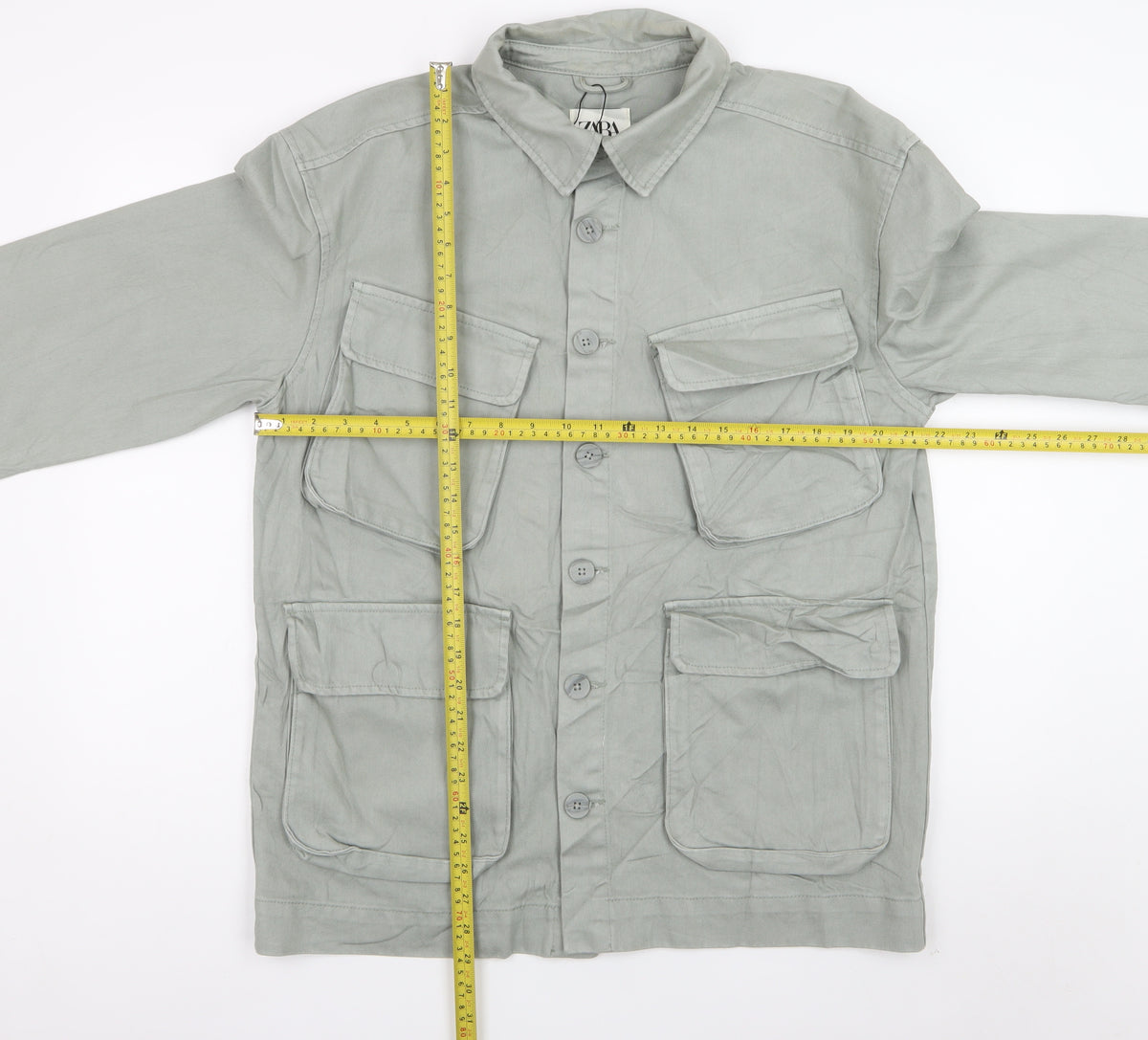 Zara Men Grey M Military Field Jacket Cotton 4 Pocket Button Casual