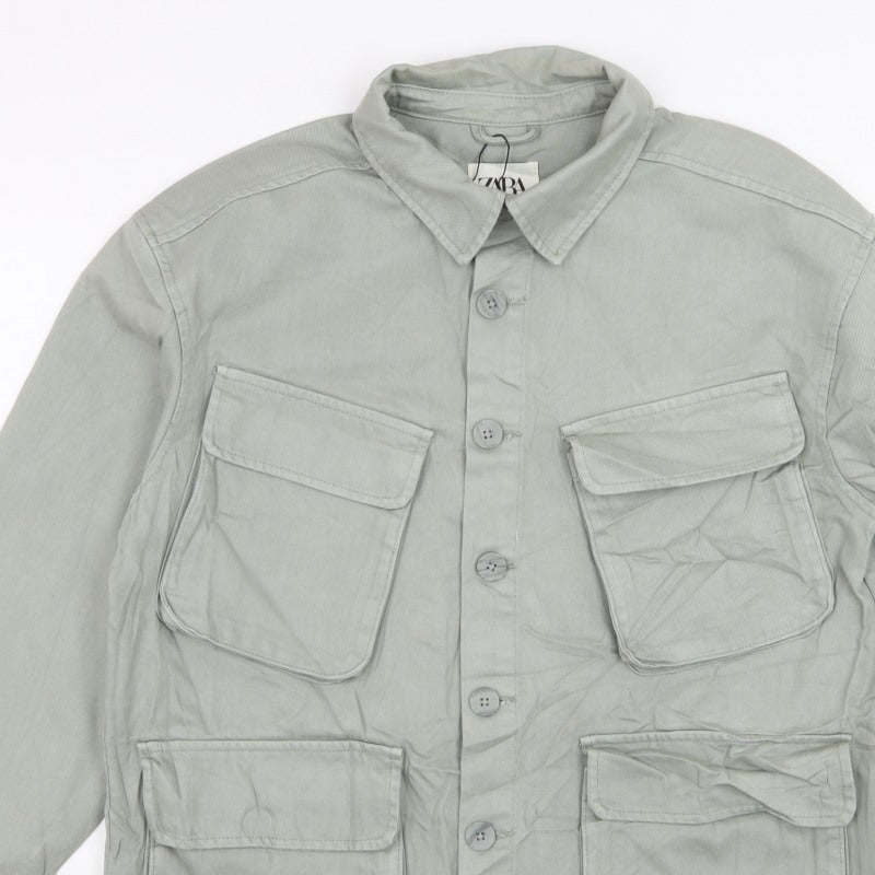 Zara Men Grey M Military Field Jacket Cotton 4 Pocket Button Casual