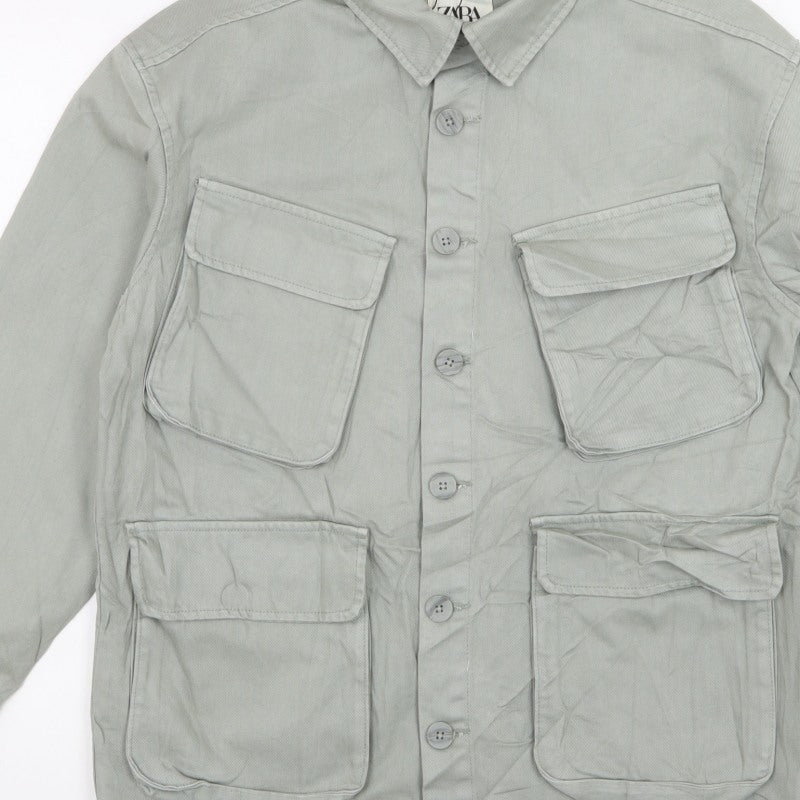 Zara Men Grey M Military Field Jacket Cotton 4 Pocket Button Casual