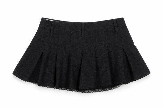 Superdry Women Black L Herringbone Skater Mini Skirt Lace Trim