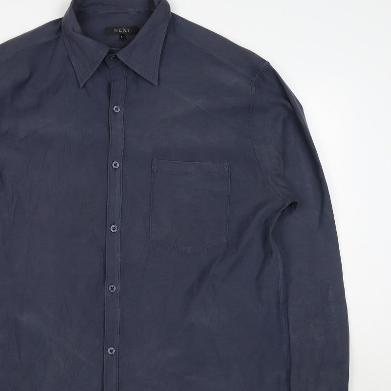 Next Men's Navy L Long Sleeve Button-Up Shirt Polyester Blend