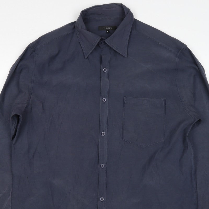 Next Men's Navy L Long Sleeve Button-Up Shirt Polyester Blend