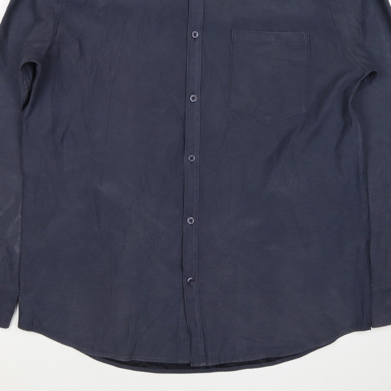 Next Men's Navy L Long Sleeve Button-Up Shirt Polyester Blend