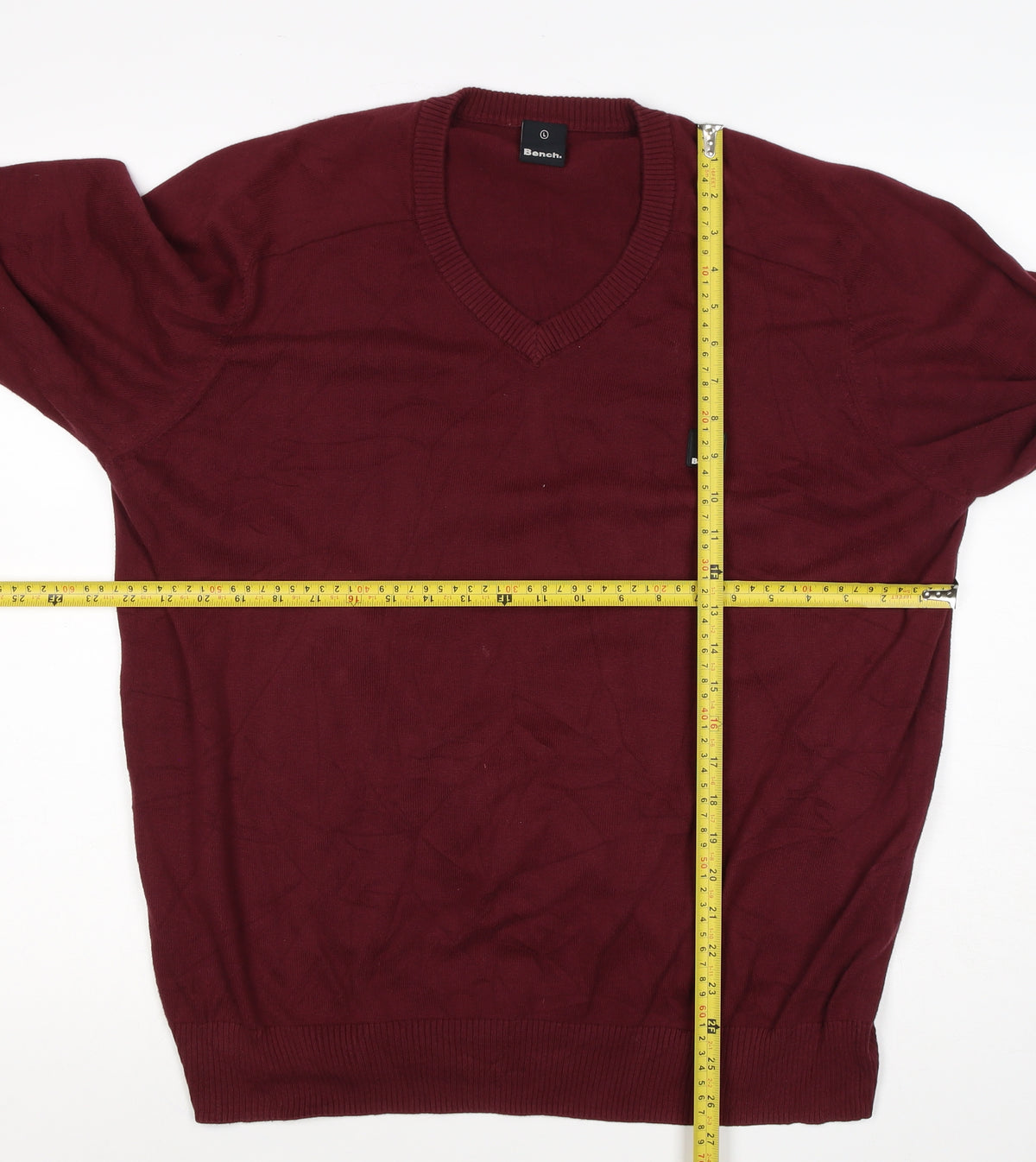 Bench Men’s Red Cotton V-Neck Logo Pullover Jumper Size L