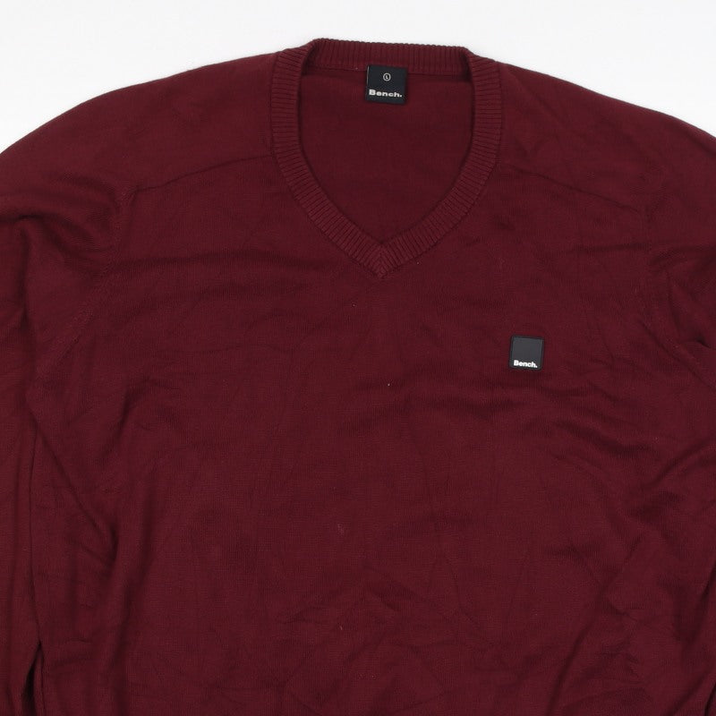 Bench Men’s Red Cotton V-Neck Logo Pullover Jumper Size L