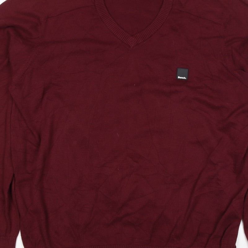 Bench Men’s Red Cotton V-Neck Logo Pullover Jumper Size L
