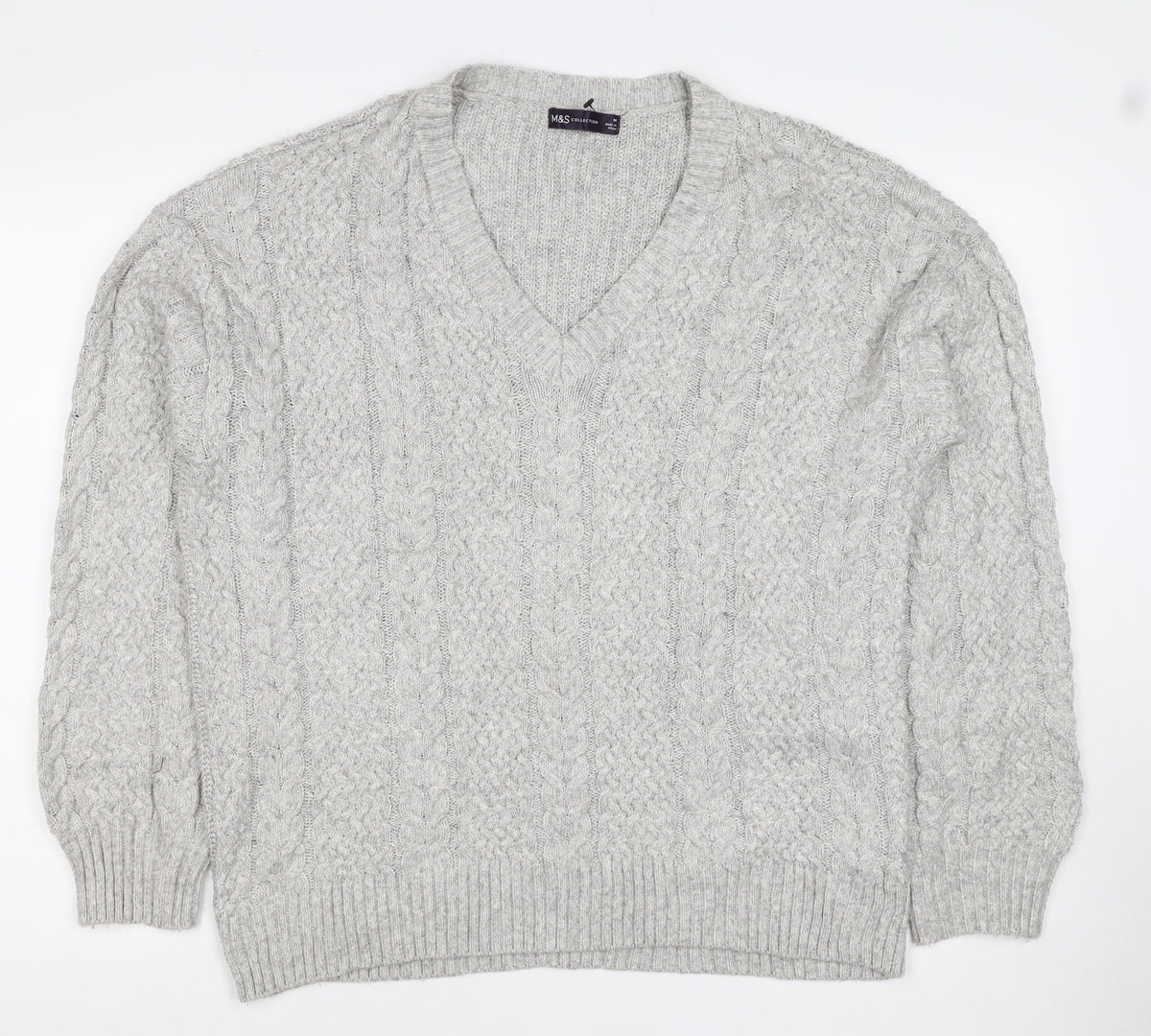 Marks and Spencer Women Grey M Cable Knit V-Neck Pullover Jumper