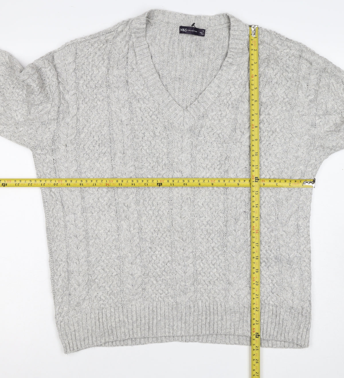 Marks and Spencer Women Grey M Cable Knit V-Neck Pullover Jumper