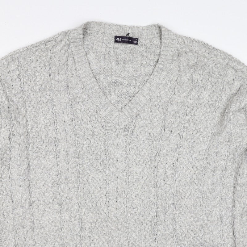 Marks and Spencer Women Grey M Cable Knit V-Neck Pullover Jumper