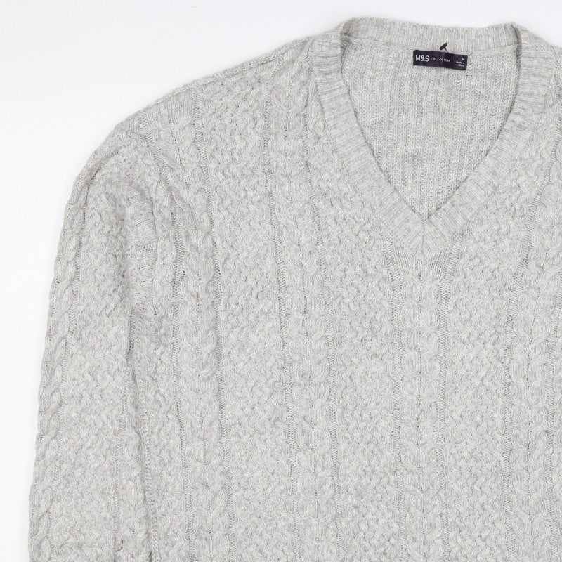 Marks and Spencer Women Grey M Cable Knit V-Neck Pullover Jumper