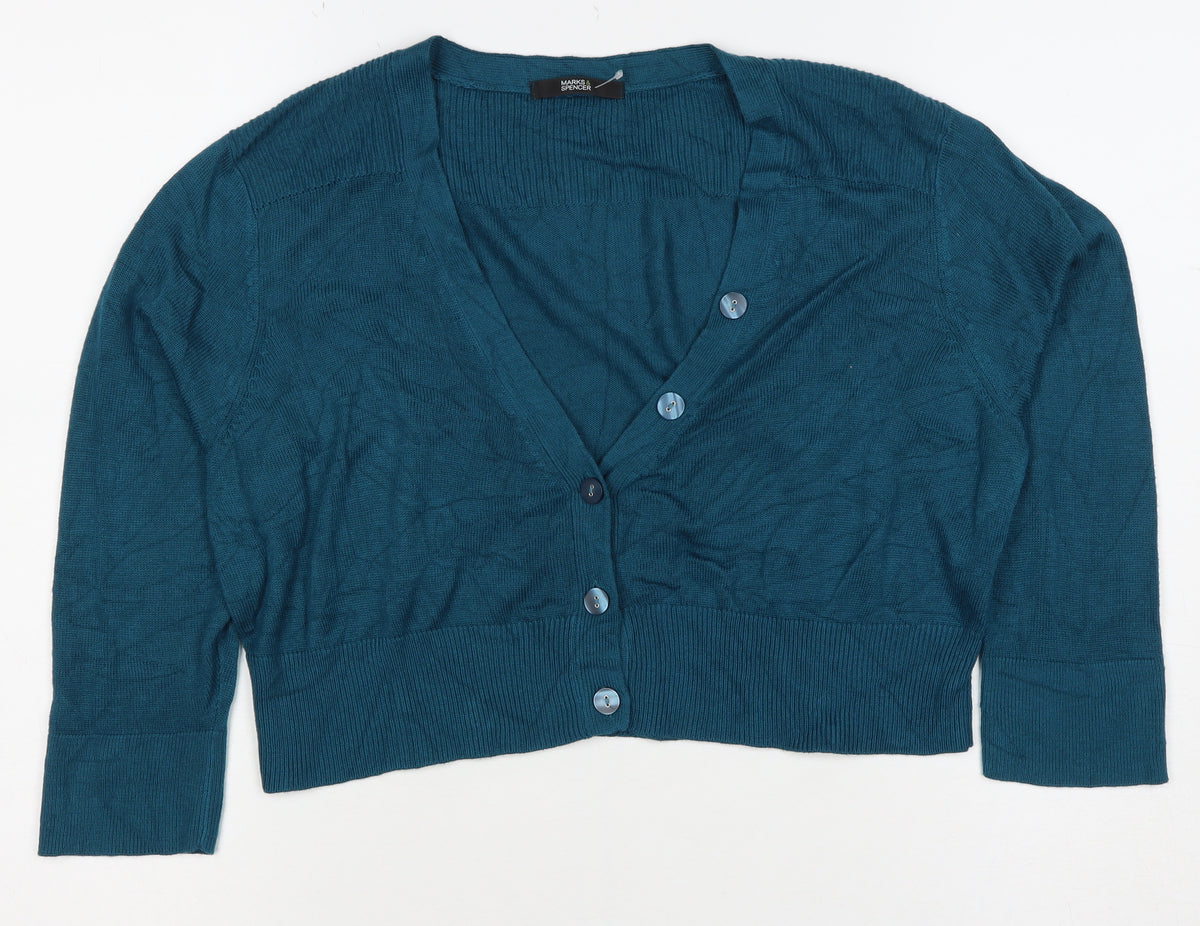 Marks & Spencer Women Blue V-Neck Button Cardigan UK 16 Knit