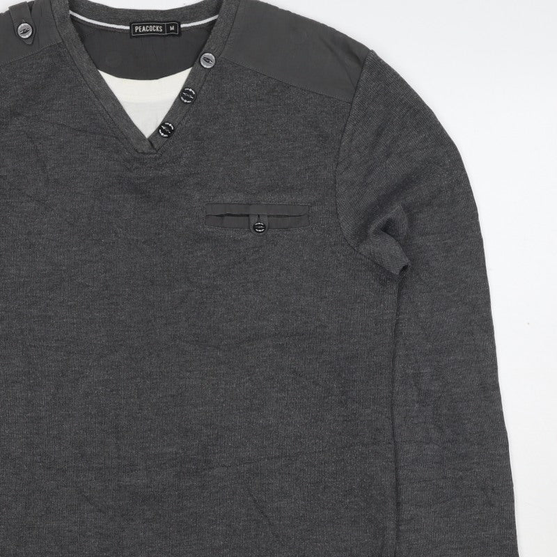 Peacocks Mens Grey M Henley Knit Jumper Button Shoulder Pocket
