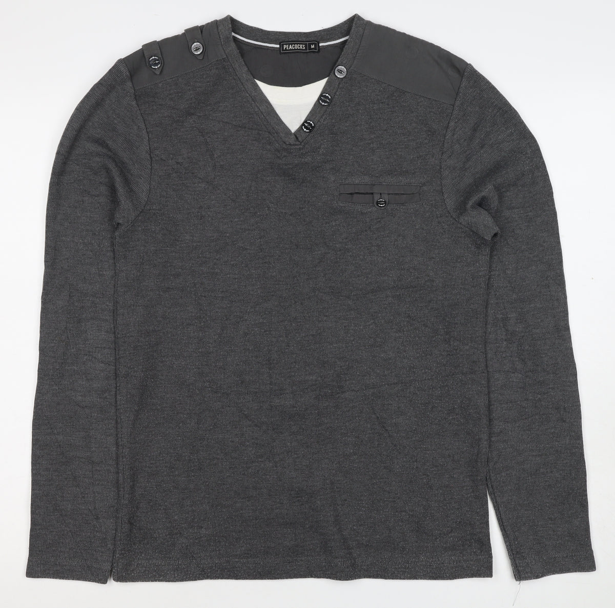 Peacocks Mens Grey M Henley Knit Jumper Button Shoulder Pocket