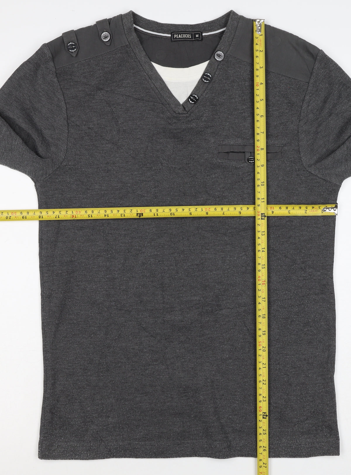 Peacocks Mens Grey M Henley Knit Jumper Button Shoulder Pocket