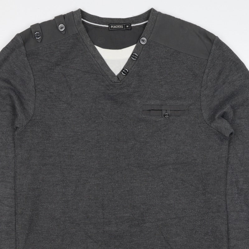 Peacocks Mens Grey M Henley Knit Jumper Button Shoulder Pocket