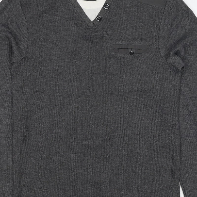 Peacocks Mens Grey M Henley Knit Jumper Button Shoulder Pocket