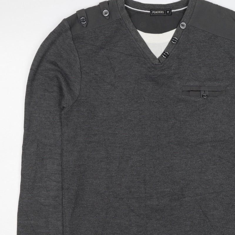 Peacocks Mens Grey M Henley Knit Jumper Button Shoulder Pocket