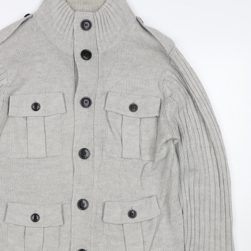 Dissident Men Grey L Button Knit Cardigan High Neck 4 Pocket