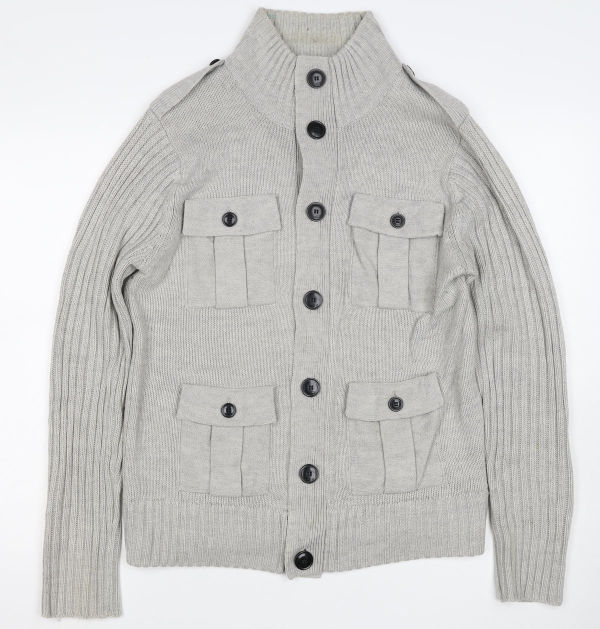 Dissident Men Grey L Button Knit Cardigan High Neck 4 Pocket