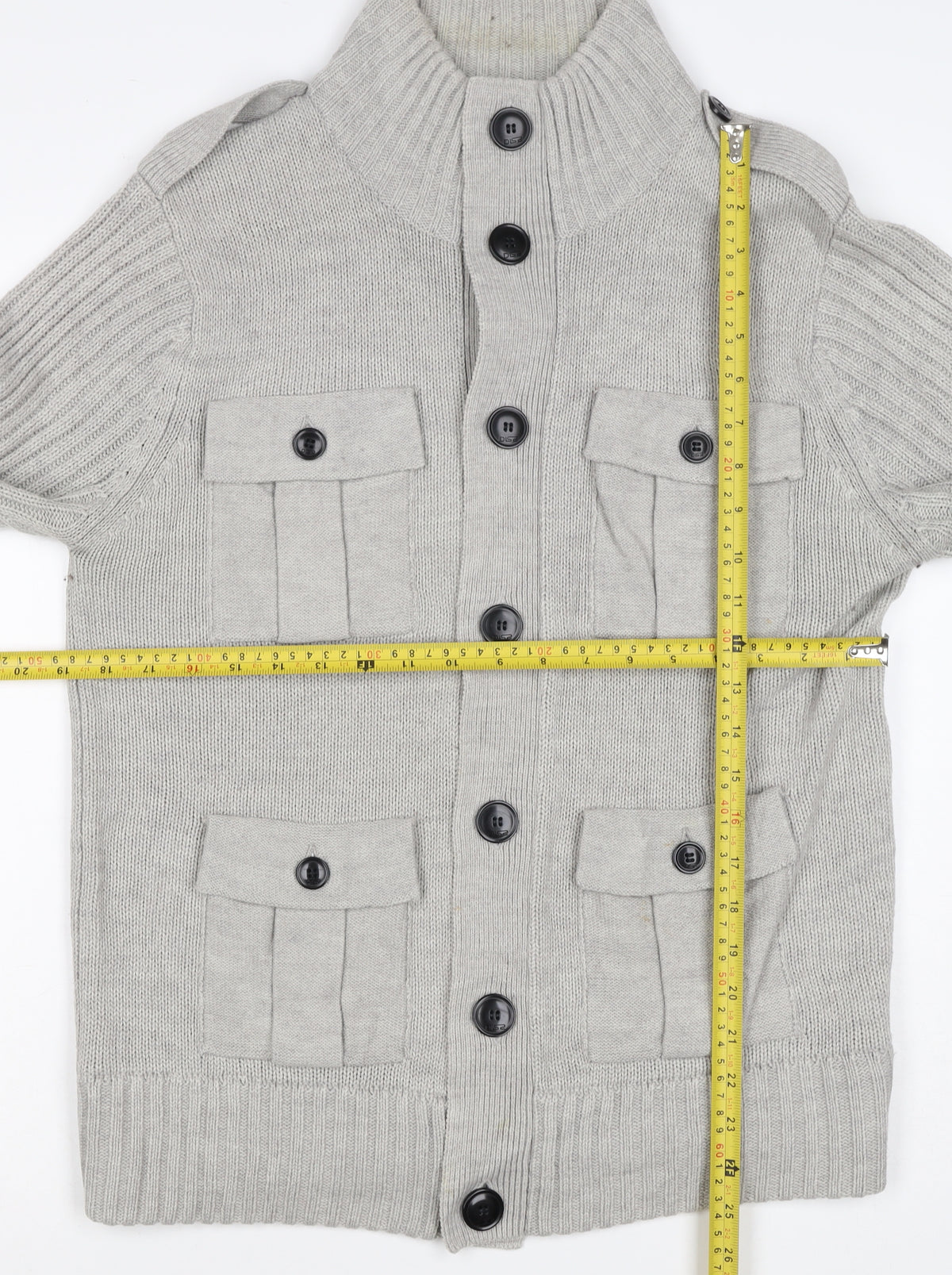 Dissident Men Grey L Button Knit Cardigan High Neck 4 Pocket