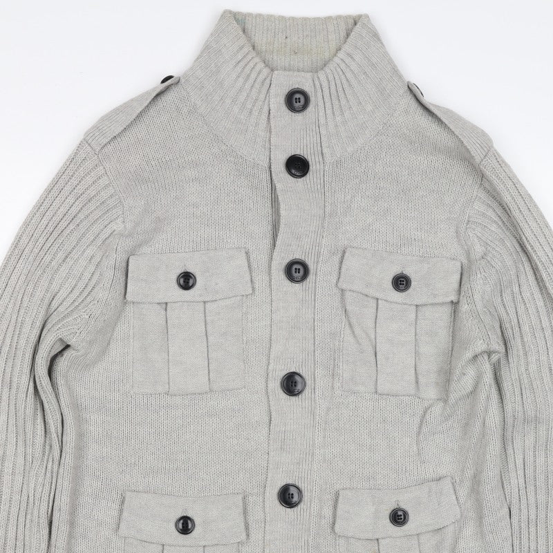Dissident Men Grey L Button Knit Cardigan High Neck 4 Pocket