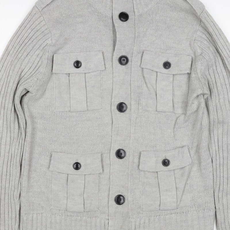 Dissident Men Grey L Button Knit Cardigan High Neck 4 Pocket