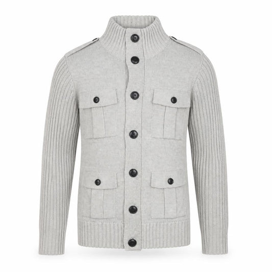 Dissident Men Grey L Button Knit Cardigan High Neck 4 Pocket