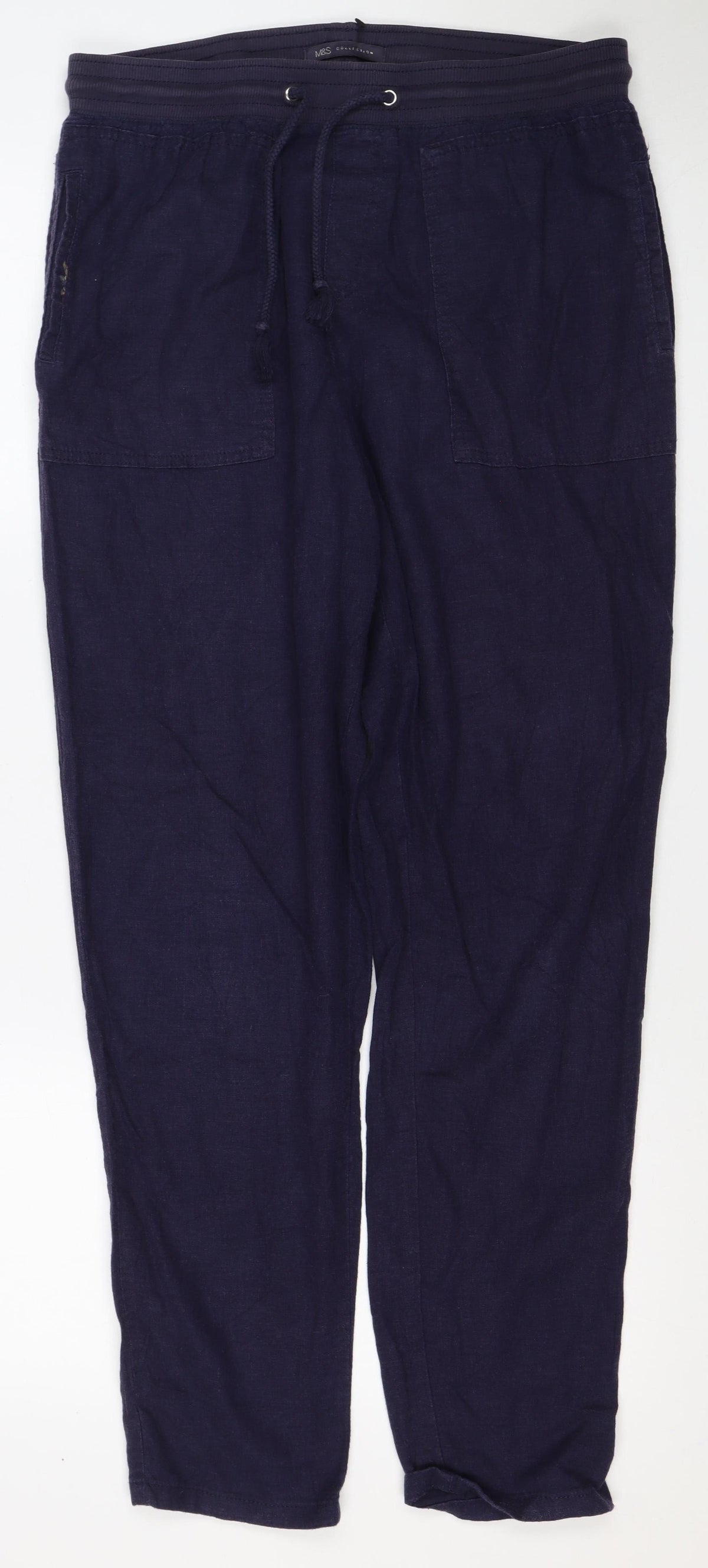 Marks & Spencer Women Navy UK 10 Long Linen Blend Drawstring Trousers