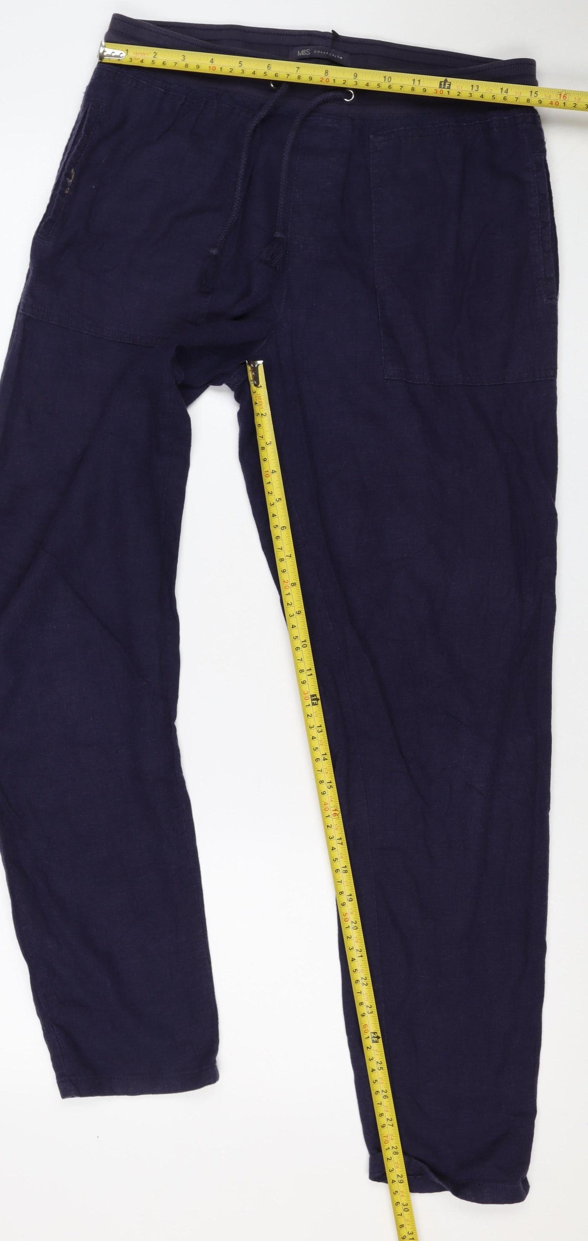Marks & Spencer Women Navy UK 10 Long Linen Blend Drawstring Trousers