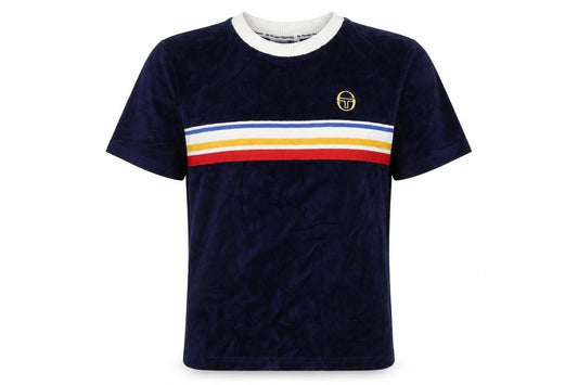 Sergio Tacchini Men's Blue M Velour Striped Logo Crew Neck T-Shirt