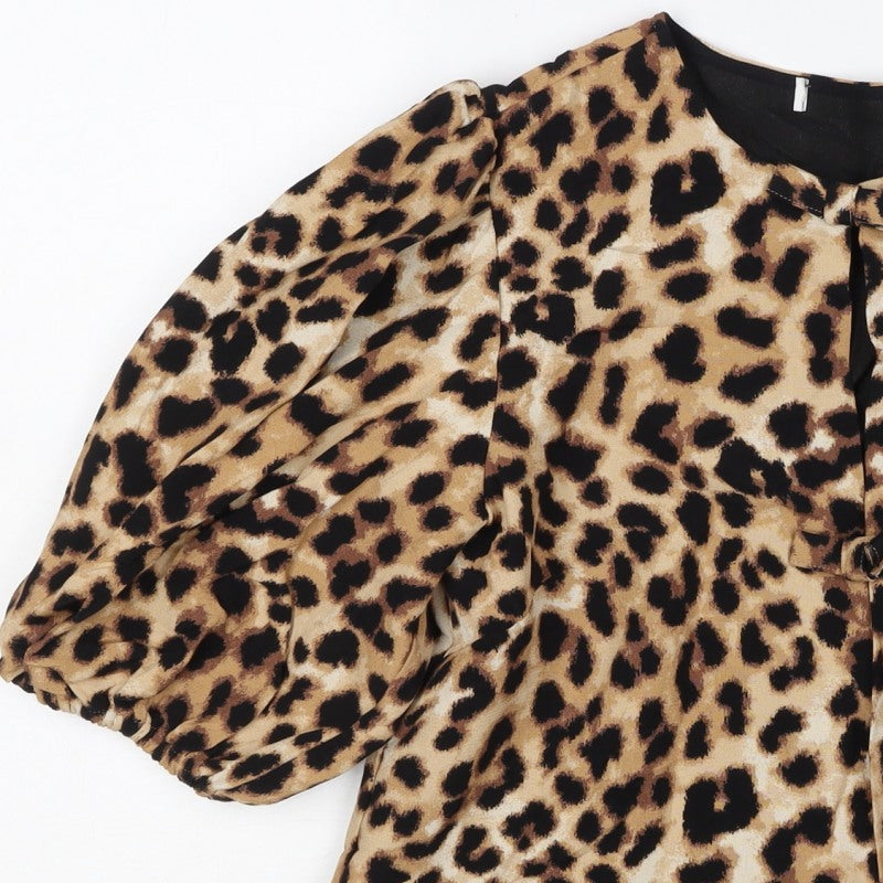 M&S Women Brown Leopard Print Lined Blazer UK 10 Puff Sleeve Jacket