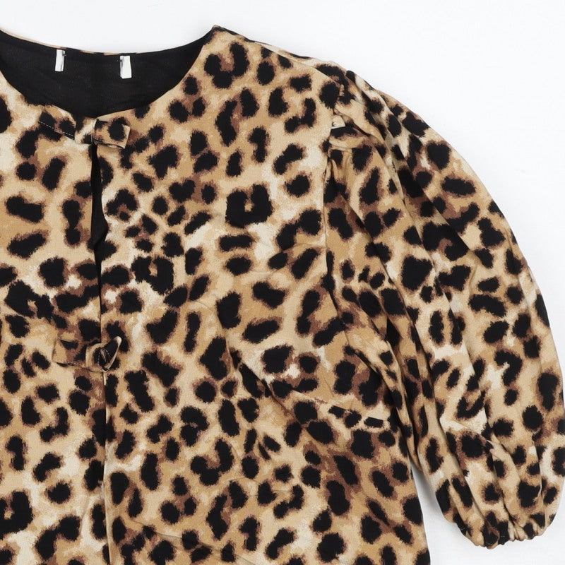 M&S Women Brown Leopard Print Lined Blazer UK 10 Puff Sleeve Jacket
